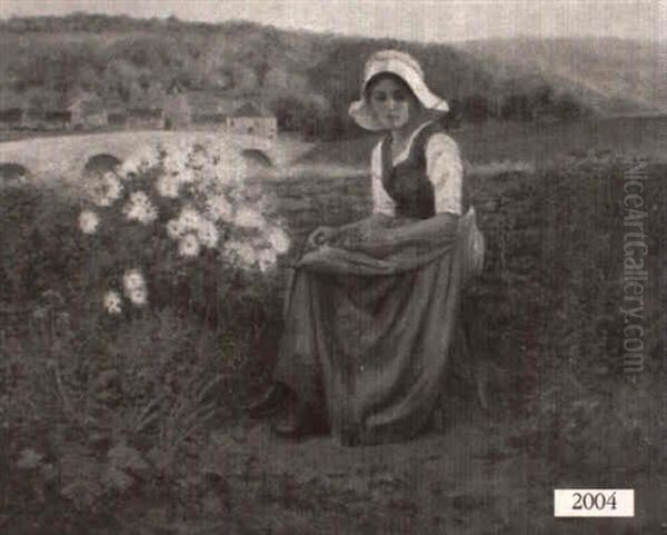 French Peasant Girl Seated By A Stone Fence by Jean Beauduin