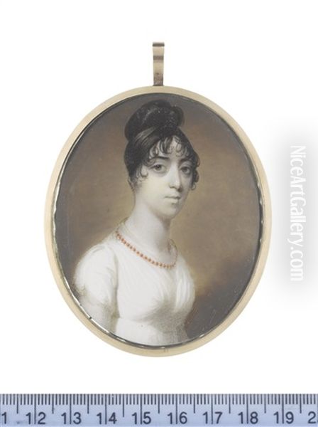 A Lady, Wearing White Dress And Fichu, Coral Necklace, Her Dark Hair Curled And Upswept High On Top Of Her Head by John Thomas Barber Beaumont