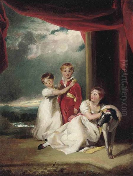 Group Portrait Of Three Children With A Dog, A River Landscape Beyond by Sir William Beechey