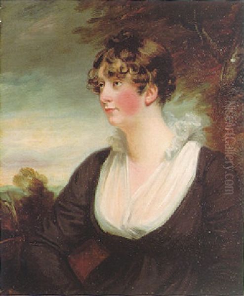 Portrait Of Mrs Gulston Wearing A Black Dress With A White Lace Bodice And Collar, A Wooded Landscape Beyond by Sir William Beechey