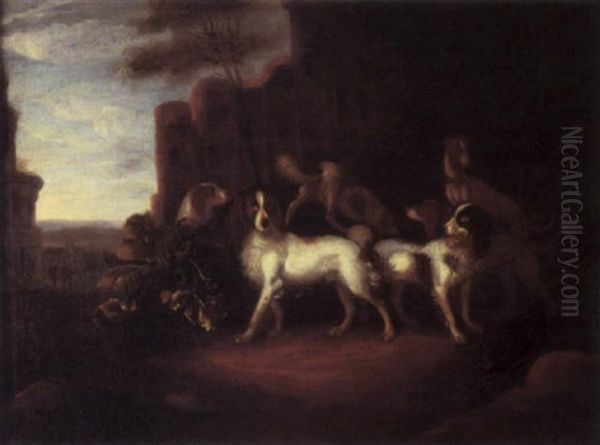 Spaniels And A Lurcher Before A Ruin by Adriaen Cornelisz Beeldemaker