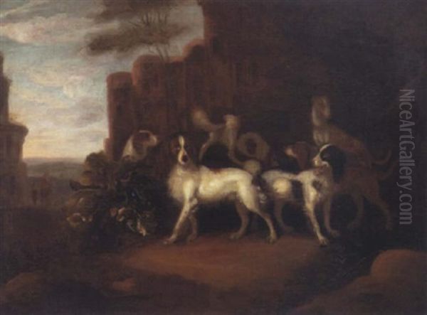 Hunde In Einer Landschaft Mit Ruinen by Adriaen Cornelisz Beeldemaker