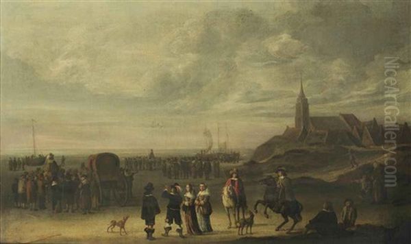 An Elegant Company And Numerous Other Figures On The Beach At Scheveningen by Cornelis Beelt