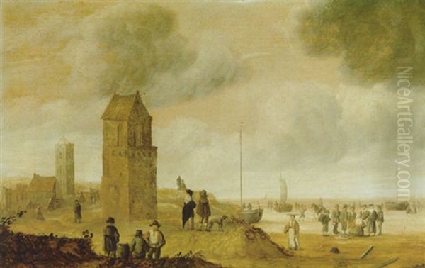 Hollandische Strandlandschaft Mit Vielen Figuren Und Einem Turm by Cornelis Beelt