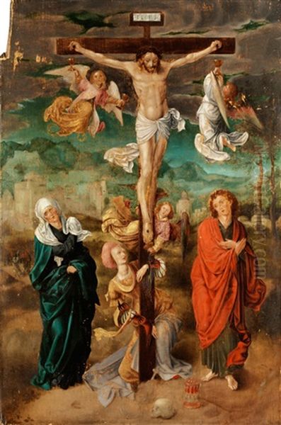 Christus Am Kreuz Mit Den Assistenzfiguren Maria, Maria Magdalena Und Johannes by Jan de Beer