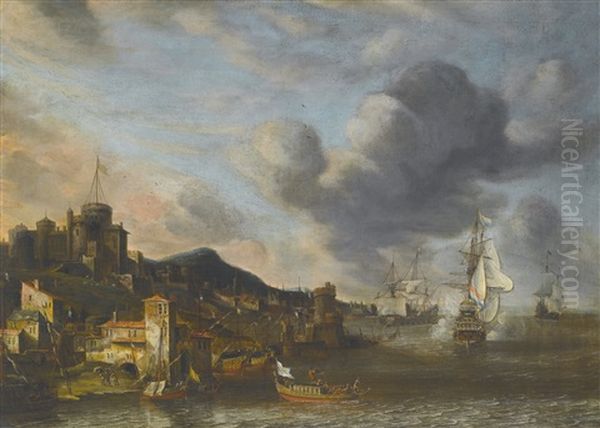 A Dutch Man O War Firing Its Guns By A Fortified Castle Town, Hills Rising To The Left by Anthonie Beerstraaten