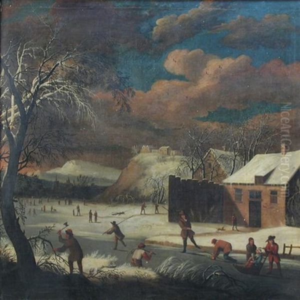 Winter - With Skaters On A Frozen Lake And Peasants Chopping Wood by Jan Abrahamsz. Beerstraten