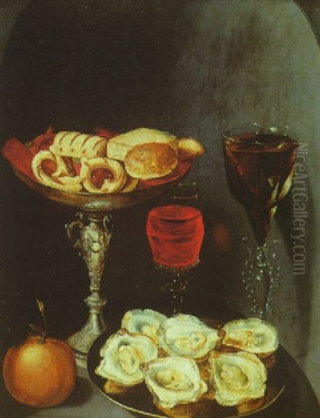 Nature Morte Aux Plats D'huitres, Coupe De Gateaux Et Verres De Vin by Osias Beert the Younger