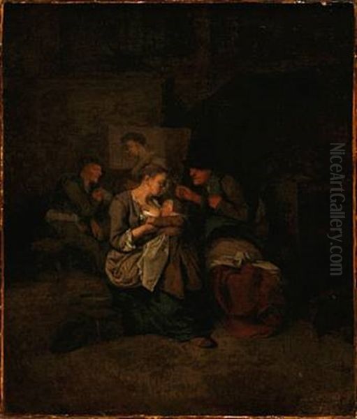 Interior With A Young Mother Breastfeeding Her Child by Cornelis Pietersz Bega