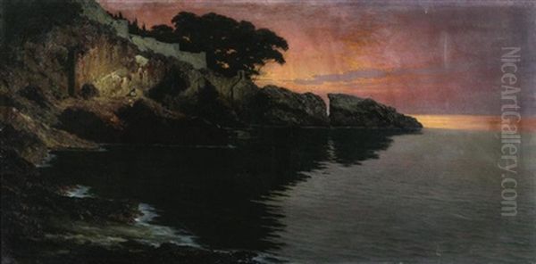 Kustenlandschaft Bei Nervi Mit Befestigungsanlagen. Abendstimmung by Adalbert Franz Eugen Begas