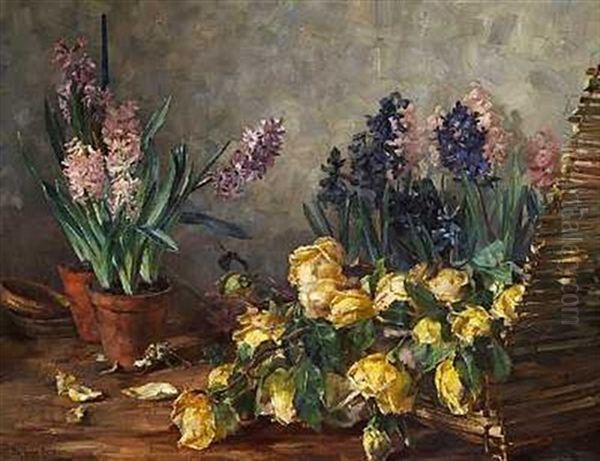 Still Life With Hyancinths And Roses On A Table by Olga Feodorovna Beggrow-Hartmann