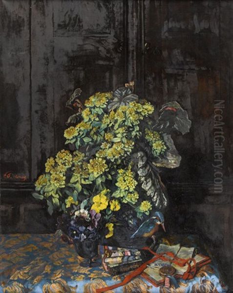 Stillleben Mit Blumen Und Eisvogel by Frank Louis Behrens