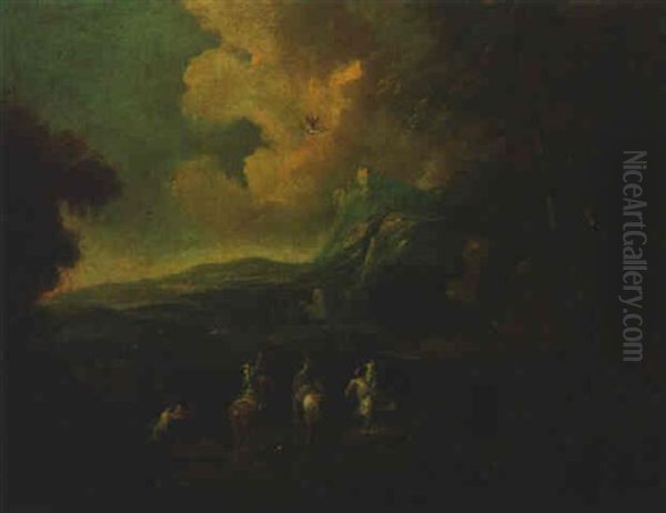 A Hawking Party On A Hillside In A Landscape by Joachim Franz Beich