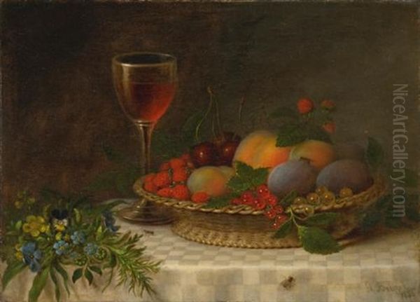 Still Life With A Basket Of Fruit, A Glass Of Sherry And A Bouquet Of Flowers by John Beigel