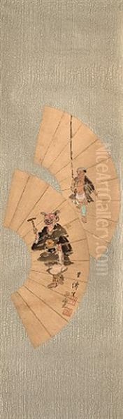 Otsu-e Fans (pair In 4 Parts) by Kutoba Beisen