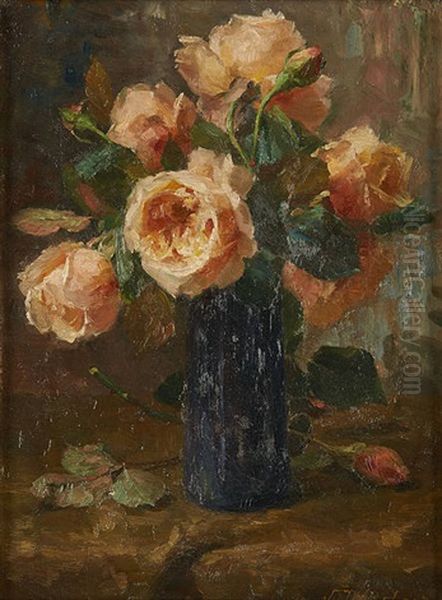 Vase Fleuri De Roses by Joseph De Belder