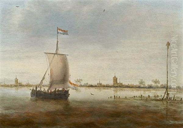 Segelschiff Vor Einer Hollandischen Kustenstadt by Jacob Adriaenz. Bellevois