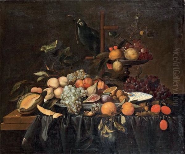 Nature Morte Aux Fruits Et Perroquet Sur Un Entablement by Andries Benedetti