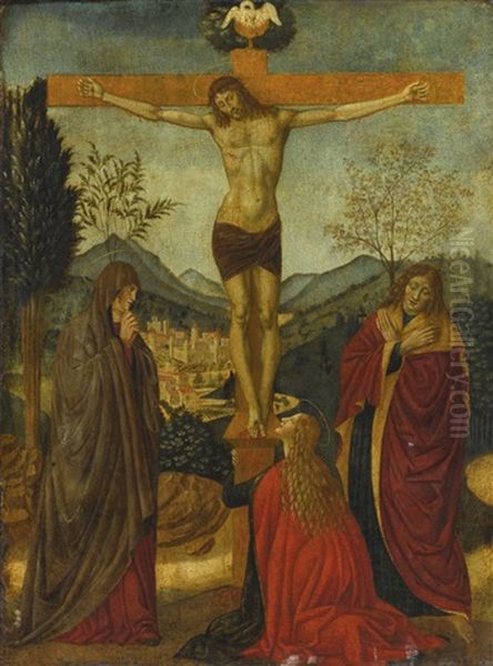 The Crucifixion, With The Madonna And Saints John The Evangelist And Mary Magdalene, A City And Mountainous Landscape Beyond by Alesso Di Benozzo