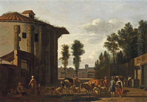 The Temple Of Vesta, Rome, With A Herdsman And Other Figures by Gerrit Adriaensz Berckheyde