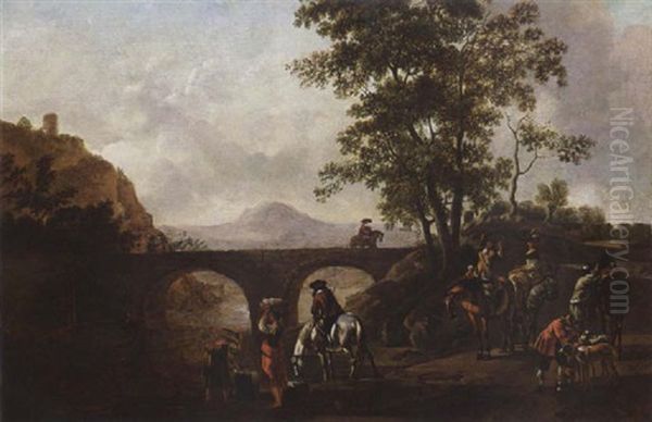 A River Landscape With Huntsmen Resting During The Hunt And Women Washing Clothes In The River by Gerrit Adriaensz Berckheyde