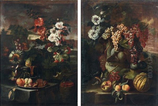 Nature Morte Aux Fruits Et Roses Tremieres Sur Un Entablement De Pierre (pair) by Christian Berentz