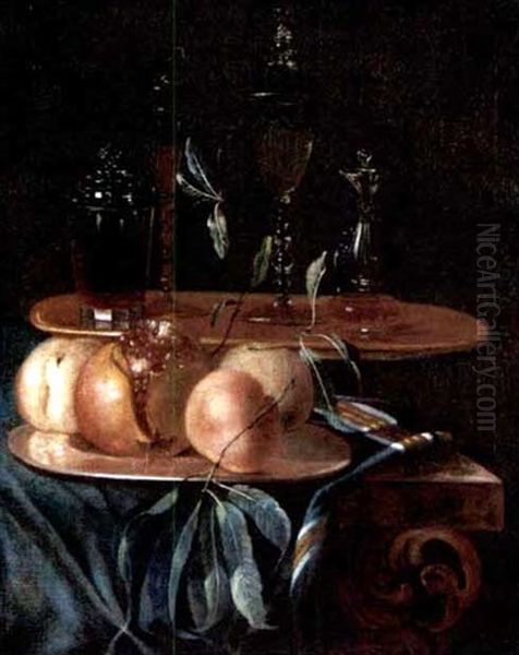 A Still Life Of Peaches, A Pomegranate On A Pewter Plate, Together With Various Glasses On A Table Draped With A Blue Velvet Cloth by Christian Berentz