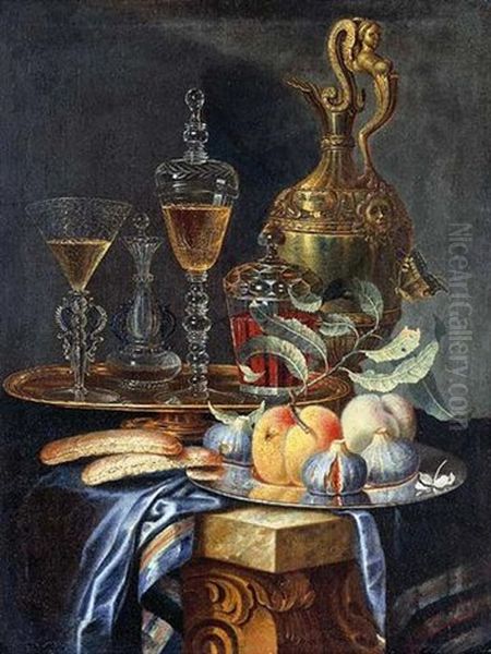 Peaches And Figs On A Pewter Platter, A Facon De Venise Fluted Wine Glass And Vessel With A Bohemian Covered Goblet And Beaker On A Gilt Platter by Christian Berentz