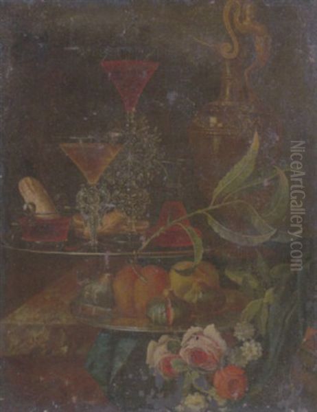 Still Life Of Wine-glasses, A Decanter And Fruit And Together With A Gilt Ewer And Flowers, All Upon A Marble Ledge by Christian Berentz