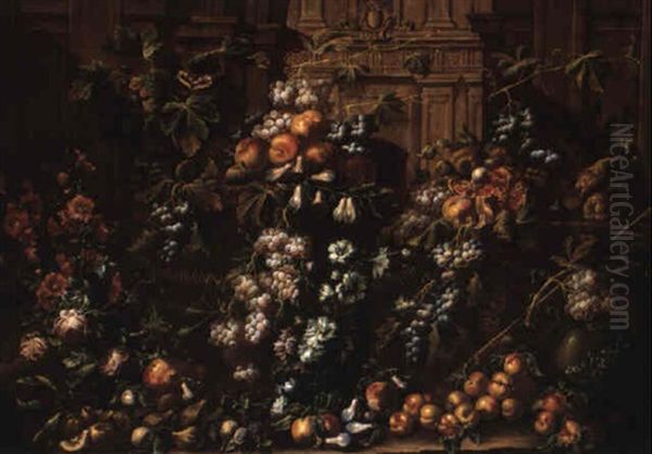 Still Life Of Fruits And Flowers In Wicker Baskets Among Architecture by Christian Berentz