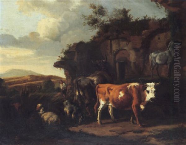 A Herdsman Resting With His Cattle, Goat, Sheep, And A Horse, By Architectural Ruins by Dirk van Bergen