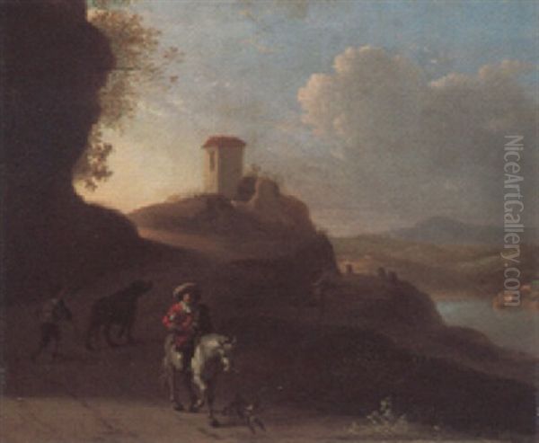 An Italianate River Landscape With A Traveller On Horseback by Dirk van Bergen