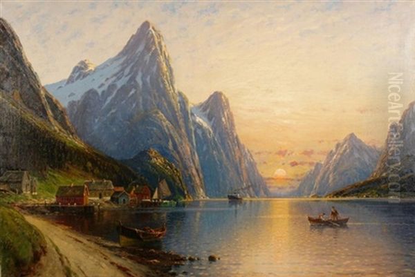 Abendstimmung Im Fjord, Am Ufer Ein Kleines Fischerdorf by Carl Bergfeld