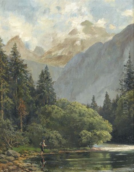 Flusslandschaft Bei Berchtesgaden Mit Angler by Ernst Von Bernuth