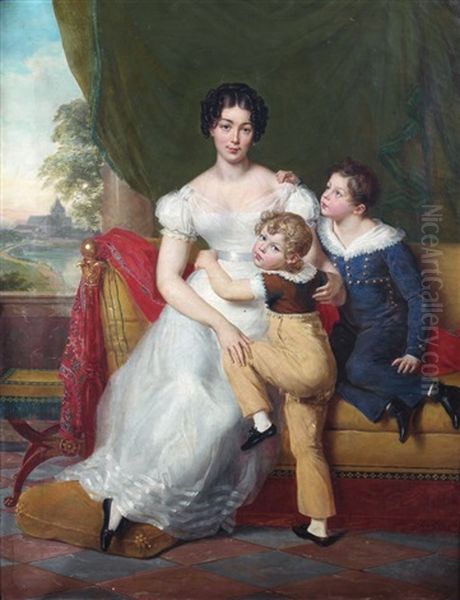 Portrait D'une Jeune Femme Avec Ses Deux Enfants by Rene Theodore Berthon