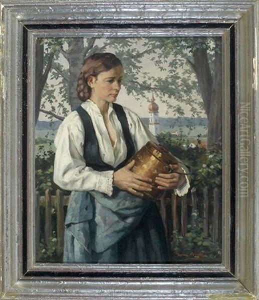 Portrait Einer Magd Mit Kupferkessel Im Arm Und Einem Ausblick Auf Das Dorf Mit Kirche by Hans Bertle