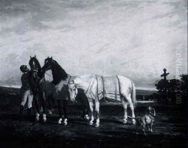 After The Hunt: A Gentleman With Three Horses In A Landscape by Albert Besnard