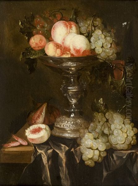 Still Life With Peaches And Grapes In A Silver Taza On A Draped Table by Abraham van Beyeren