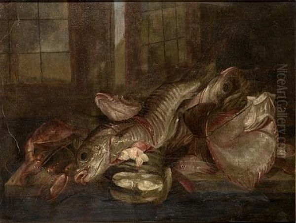 A Lobster, Crab, Turbot And Other Fish On A Table Top by Abraham van Beyeren