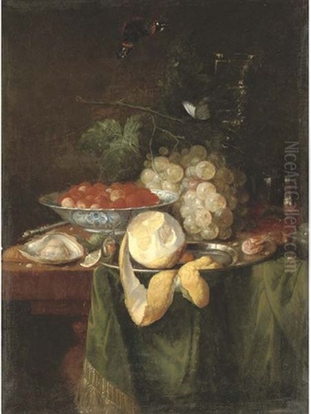 A Lemon, A Prawn And Hazelnuts On A Pewter Plate, Strawberries In A Porcelain Bowl, An Oyster, Grapes And A Plum On A Table, A Butterfly In Flight Above by Abraham van Beyeren