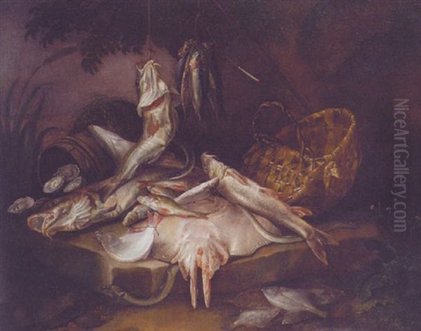 Cod, A Skate, An Eel And Other Fish By A Creel, A Rod And A Bucket Of Oysters On A Bank by Abraham van Beyeren