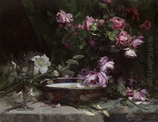 A Still Life With Roses And Lillies by Marie De Bievre