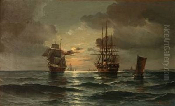 Seascape With Sailing Ships In Moonlight by Vilhelm Victor Bille