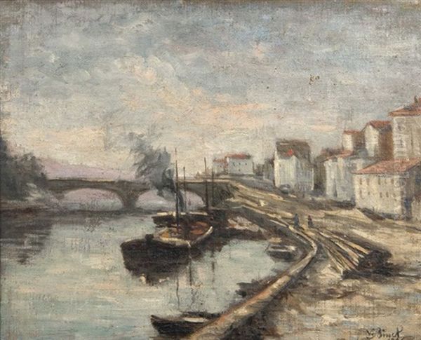 Peniches Sur La Seine by Victor Jean Baptiste Barthelemy Binet