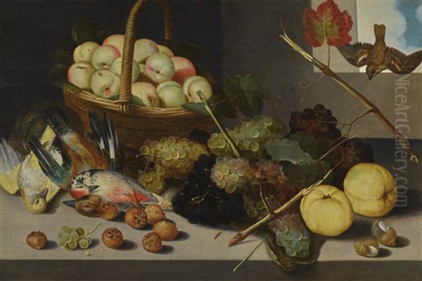 Still Life With A Basket Of Peaches, Grapes, Snail Shells, Medlars And Dead Game, All Arranged Beneath An Open Window by Pieter Binoit