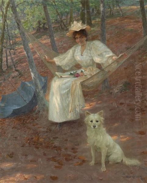 Femme A L'ombrelle Et Son Chien Dans Un Parc by Ernst Bischoff-Culm