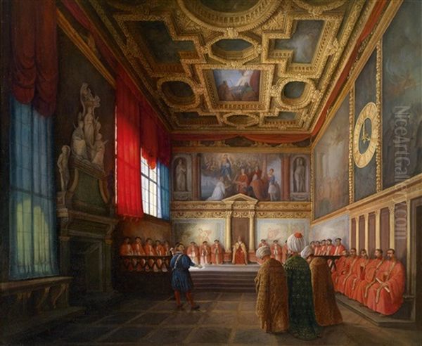 Empfang Der Osmanischen Gesandtschaft Beim Dogen Von Venedig In Der Sala Del Collegio Di Palazzo Ducale by Giuseppe Bernardino Bison