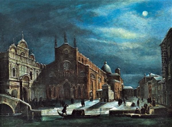 La Chiesa Dei Santi Giovanni E Paolo, Con La Scuola Di San Marco E Il Monumento Equestre Di Colleoni Al Chiaro Di Luna A Venezia D'inverno by Giuseppe Bernardino Bison