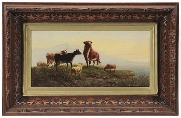 Cattle And Sheep On A Hilltop by Henry Collins Bispham