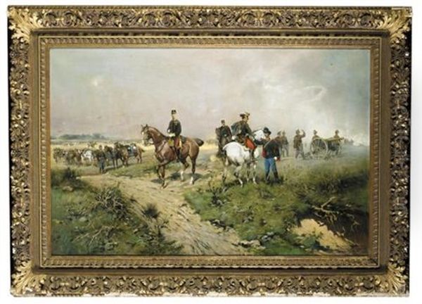 Officers And Soldiers On Horseback, A Battle Beyond - Offiziere Und Soldaten Zu Pferde Vor Schlachtengetummel (after Tadeus Ajdukiewiez) by Richard Bitterlich